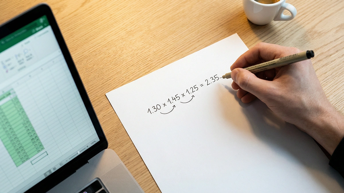 Tableau de calcul des probabilit&eacute;s d'un pari combin&eacute; avec cotes multipli&eacute;es