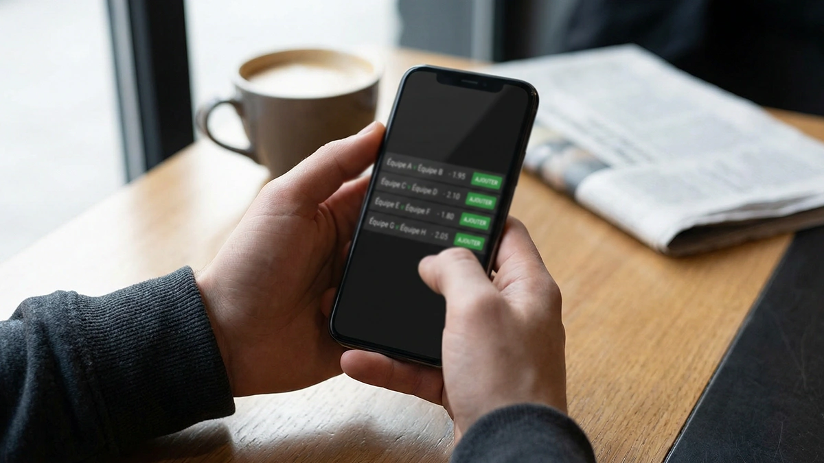 Parieur consultant un coupon de paris combin&eacute;s sur son smartphone