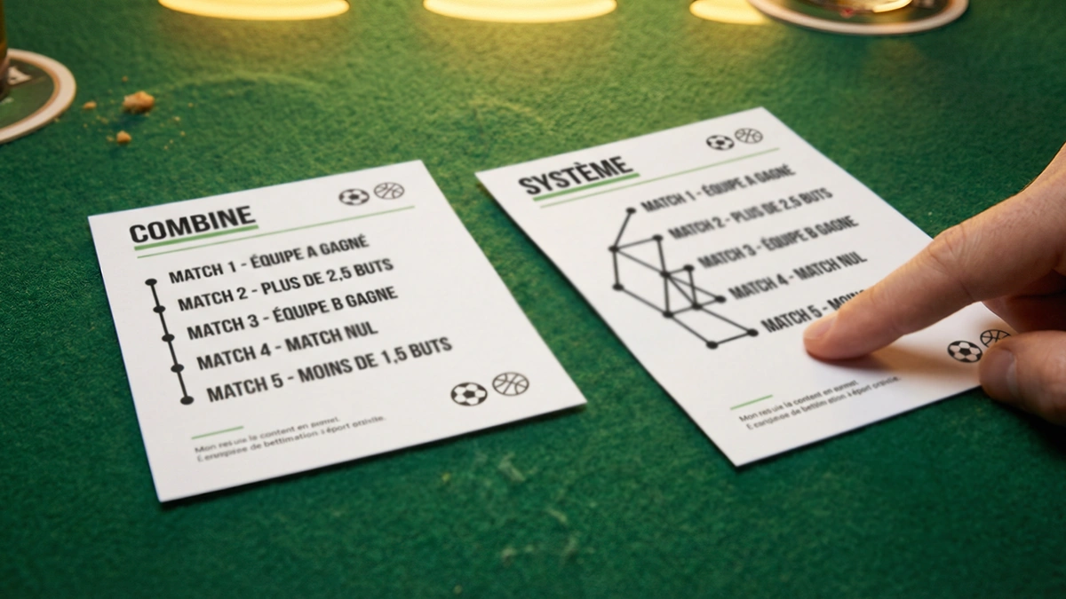 Comparaison visuelle entre un pari combin&eacute; et un pari syst&egrave;me sur un ticket de paris sportifs